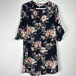 41 HAWTHORN Cristen Button Down Shirt Dress, Womens Small Blue Floral Tab Sleeve